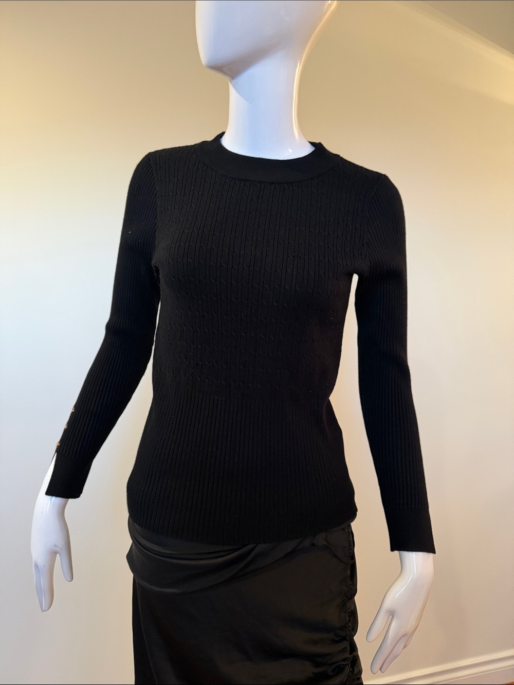 Rio & Rian Black Ribbed Knit Sweater Gold Button Sleeve S